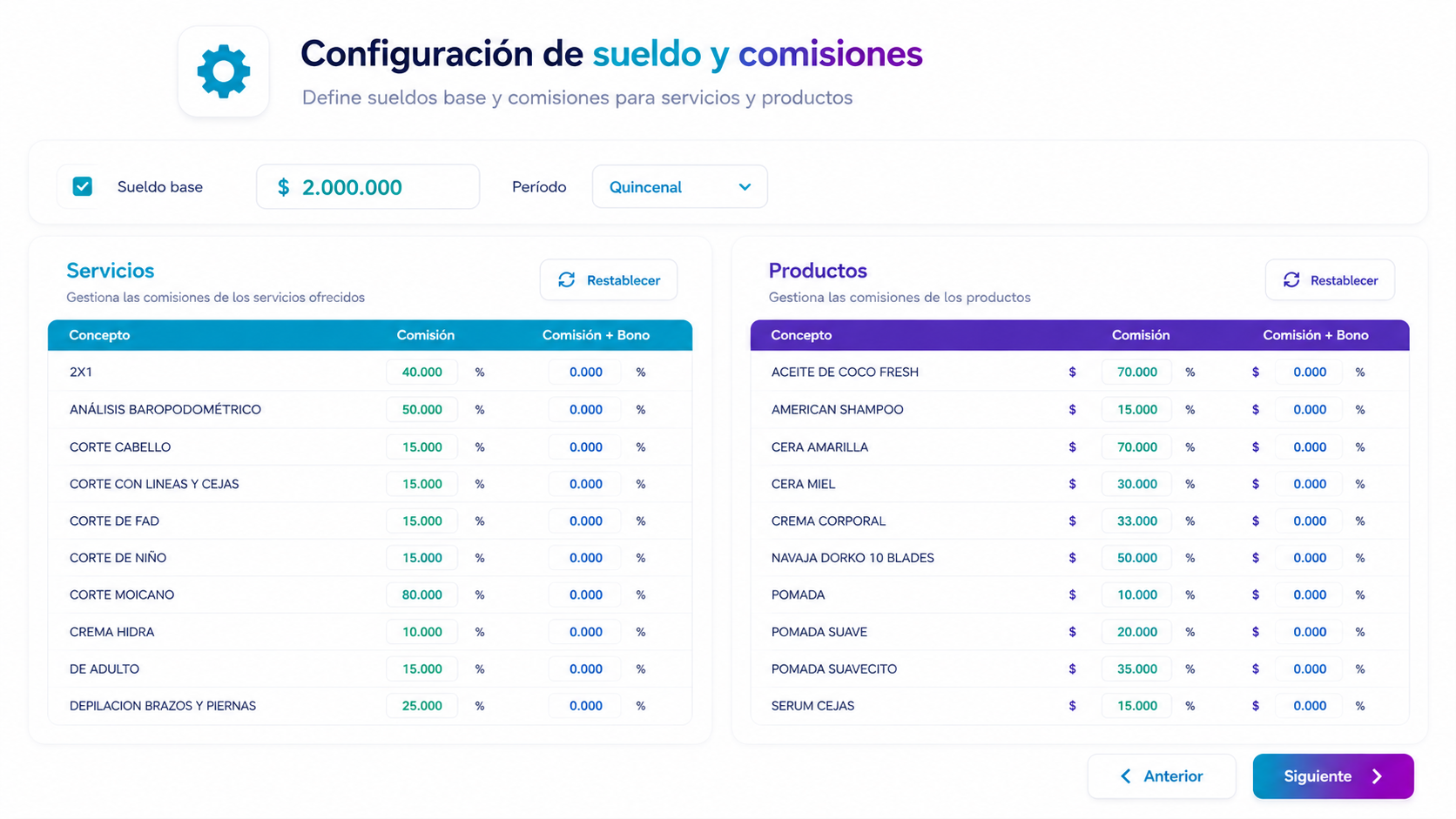 Comisiones automáticas - Vista desktop
