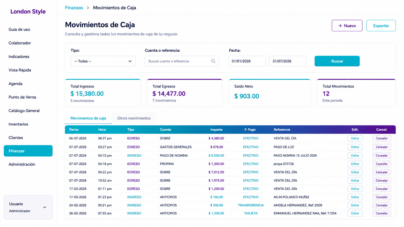 Finanzas - Vista desktop